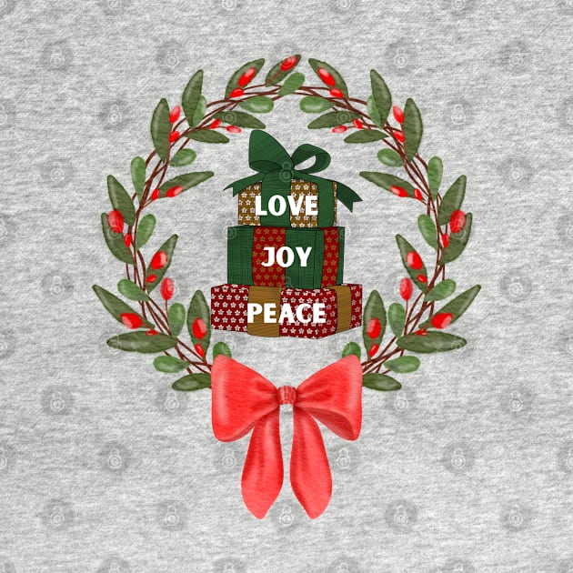 Holiday Christmas wreath with gifts of Love Joy and Peace by Shean Fritts 